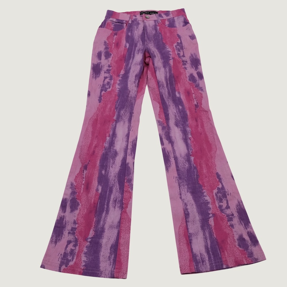 Revolt Tie Dye Flare Jeans Womens Pink Purple Abstract Y2K 7/8 Bell Bottoms